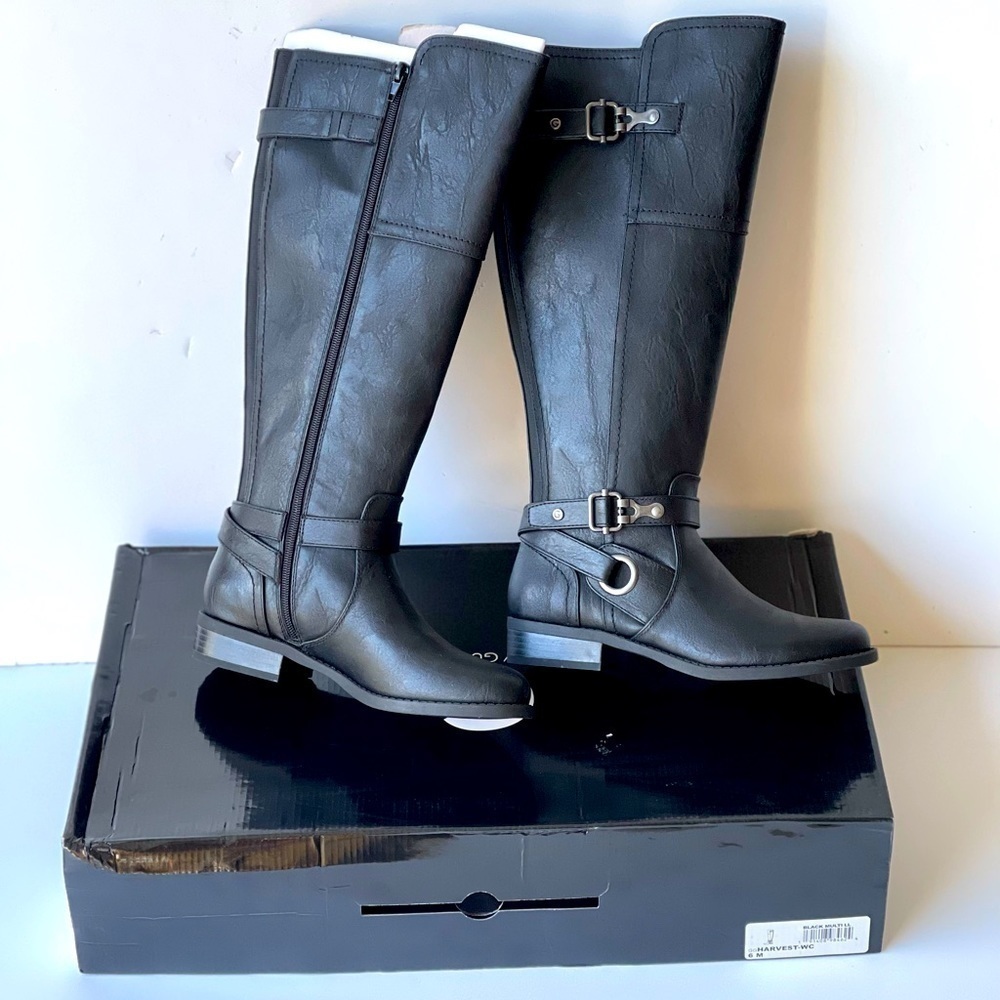 G by Guess Black Knee High Boots w Buckle Flat Low Heel Black Tall Boots, Sz 6M